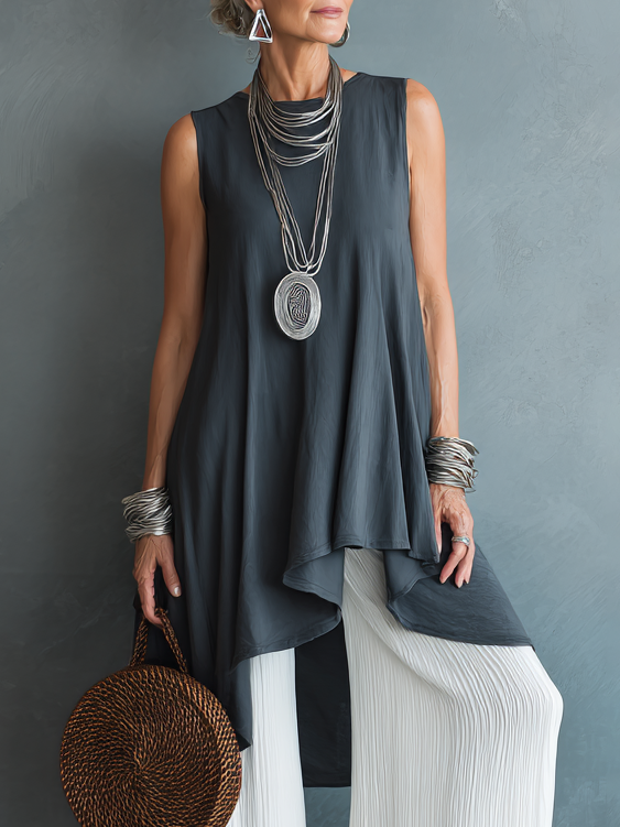 Effortless Gray Sleeveless Tunic for Women with High Low Hem Flowy Draped Style