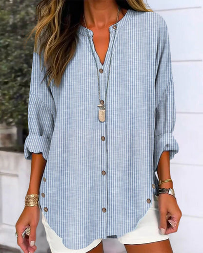 Effortless Striped Linen Shirt for Women with V Neck Long Sleeve Curved Hem Relaxed Style