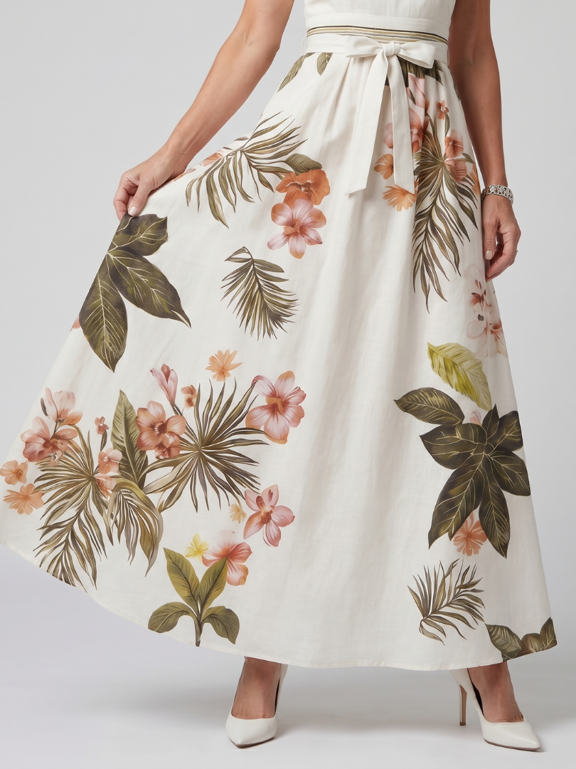 Elegant White Tropical Floral Maxi Dress for Women with Halter Neck Tie Waist Flowing Style