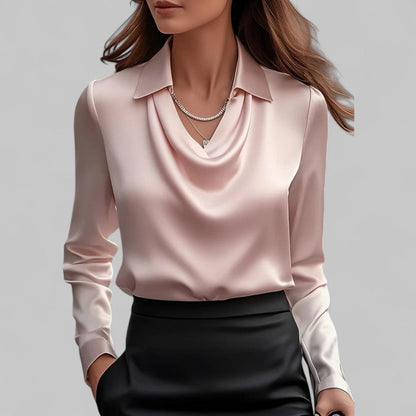 Donna | Women’s Draped Neck Long Sleeve Satin Blouses