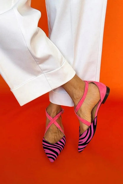 Lola | Stylish Pink Zebra Ballet Flats for Women with Cross Strap Detail
