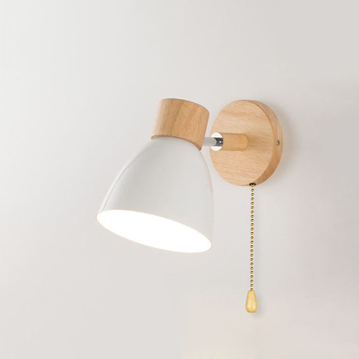 Macaron Wall Lamp Wood Metal Adjustable Shade Pull-Chain Nordic Bedside Sconce Wall Light