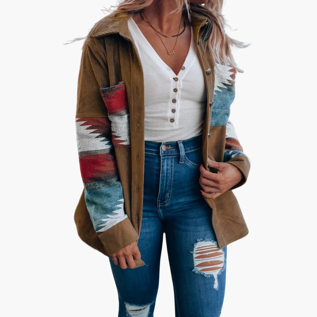 Effortless Brown Corduroy Shacket for Women with Spread Collar Long Sleeve Aztec Panel Oversized Style