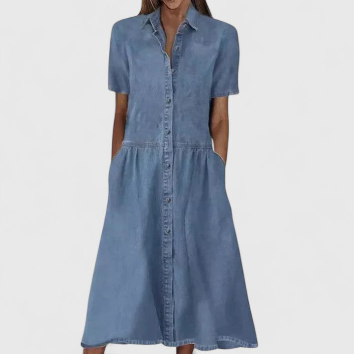 Effortless Blue Denim Maxi Dress for Women with Collar Button Front Short Sleeve Casual Style