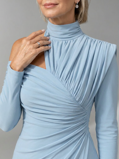 Elegant Midi Dress for Women with Mock Neck One Shoulder Long Sleeve Ruched Fitted Formal Wedding Guest Style