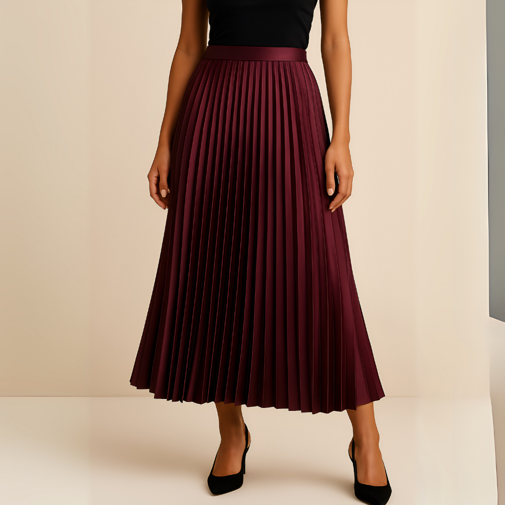 Elegant Pleated Faux Leather Maxi Skirt for Women with High Waist A Line Flowing Style