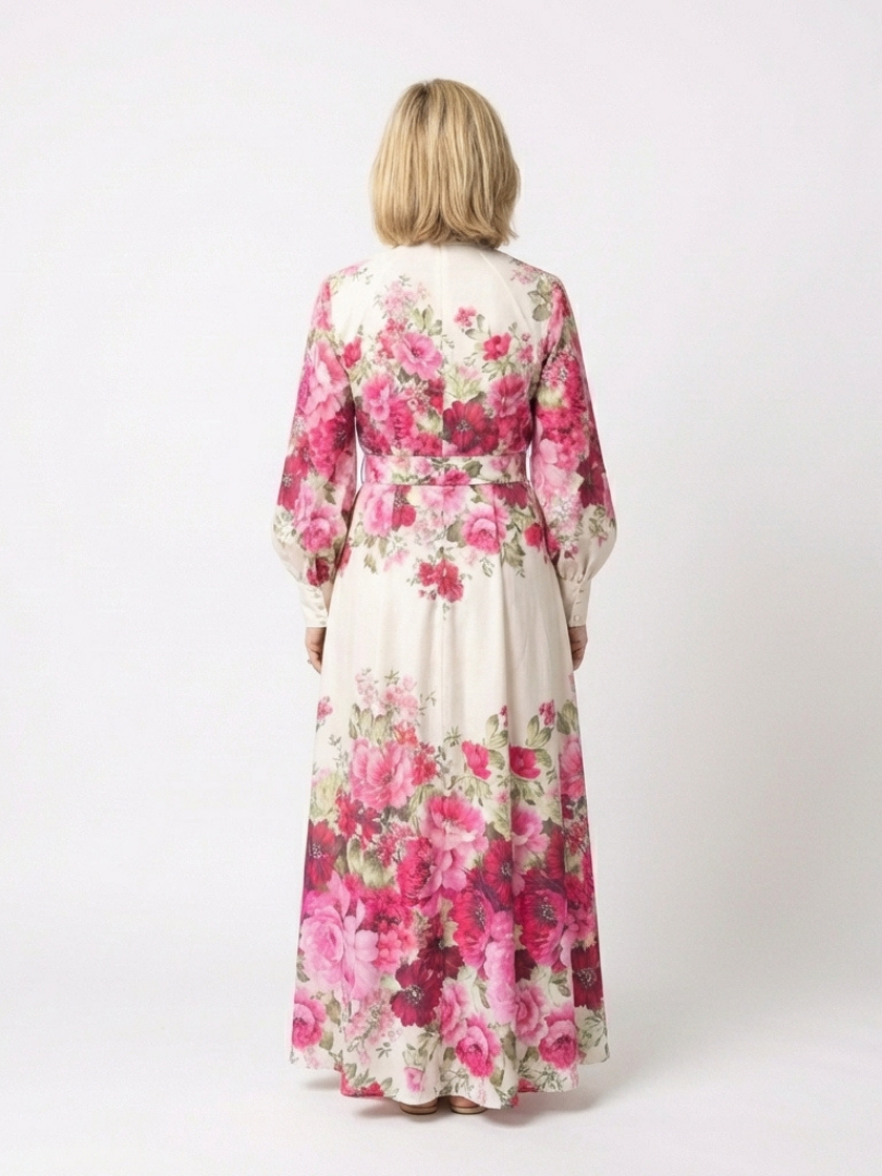 Elegant Pink Floral Autumn Wedding Guest Dress for Women with Mandarin Collar Long Sleeve Belted Maxi Style