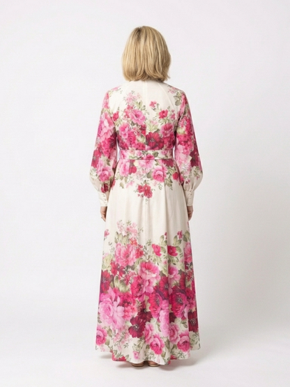 Elegant Pink Floral Autumn Wedding Guest Dress for Women with Mandarin Collar Long Sleeve Belted Maxi Style