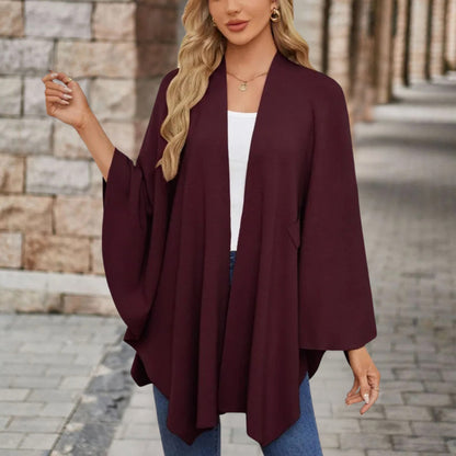 Elegant Knit Poncho for Women with V Neck Batwing Sleeve Tie Waist Wrap Style