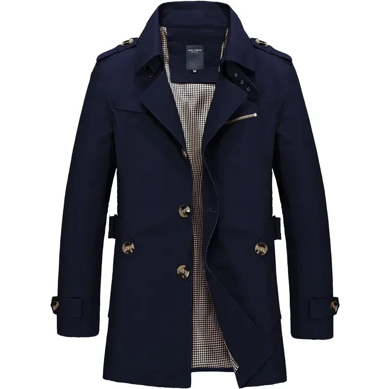 Classic Trench Coat for Men with Notch Lapel Long Sleeve Single Breasted Mid Length Style