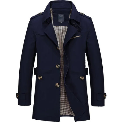 Classic Trench Coat for Men with Notch Lapel Long Sleeve Single Breasted Mid Length Style
