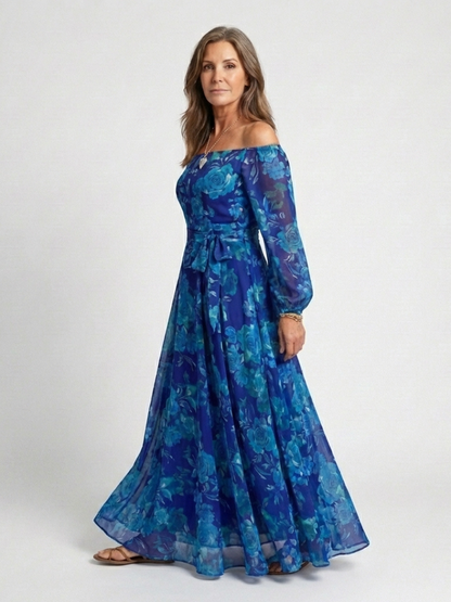 Elegant Blue Floral Fall Wedding Guest Dress for Women with Off Shoulder Long Sleeve Sash Tie Flowing Style