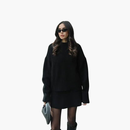 Chic Black Knit Two Piece Set for Women with Crew Neck Sweater High Waist Mini Skirt Lounge Style