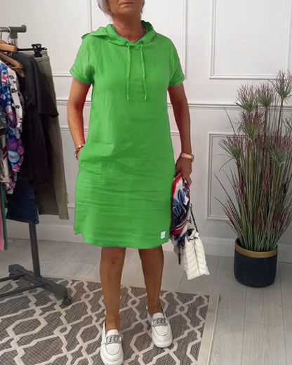 Comfortable Coral Hoodie Dress for Women with Drawstring Hood Short Sleeve Relaxed Shift Casual Style