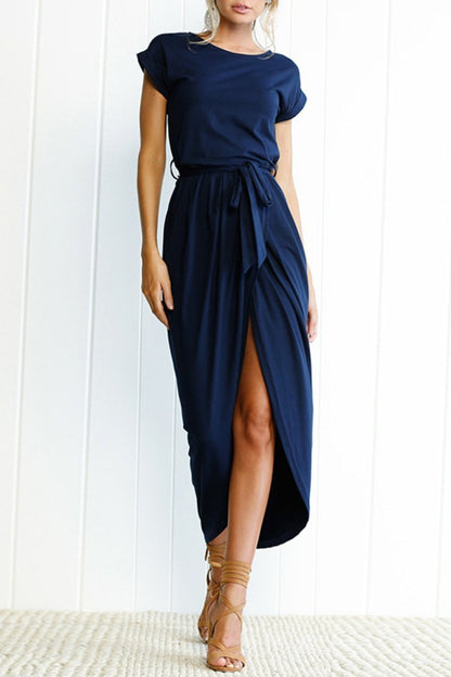 Effortless Knit Midi Dress for Women with Round Neck Cap Sleeve Wrap Tie Waist Slit Casual Style