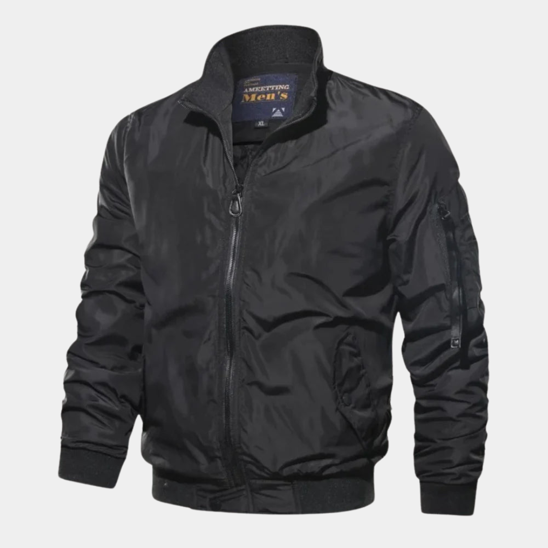 Rugged Bomber Jacket for Men with Stand Collar Long Sleeve Full Zip Windproof Sleeve-Pocket Style