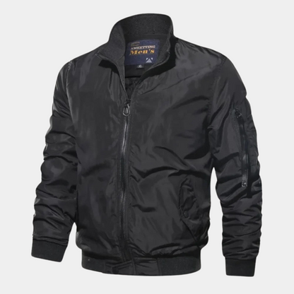 Rugged Bomber Jacket for Men with Stand Collar Long Sleeve Full Zip Windproof Sleeve-Pocket Style
