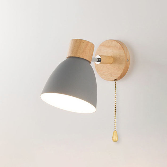 Macaron Wall Lamp Wood Metal Adjustable Shade Pull-Chain Nordic Bedside Sconce Wall Light