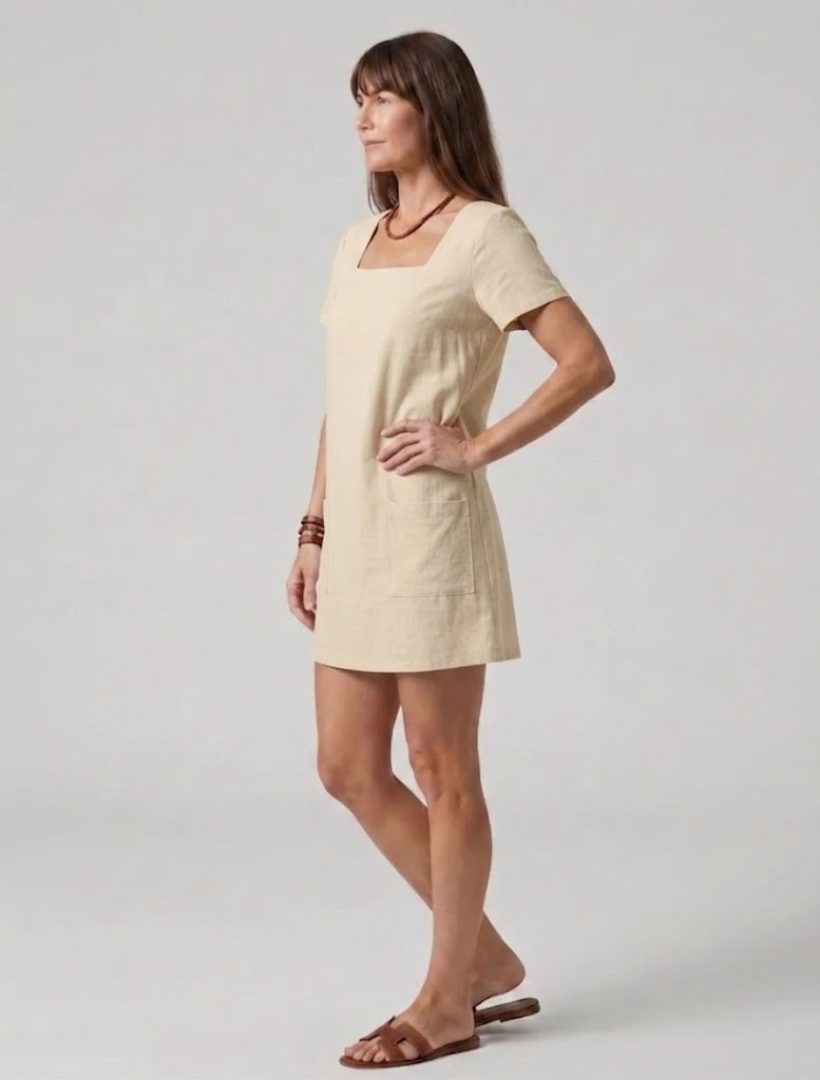Elegant Pink Linen Mini Dress for Women with Square Neck Short Sleeve Patch Pocket Shift Style