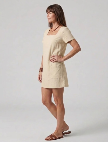 Elegant Pink Linen Mini Dress for Women with Square Neck Short Sleeve Patch Pocket Shift Style