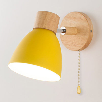 Macaron Wall Lamp Wood Metal Adjustable Shade Pull-Chain Nordic Bedside Sconce Wall Light