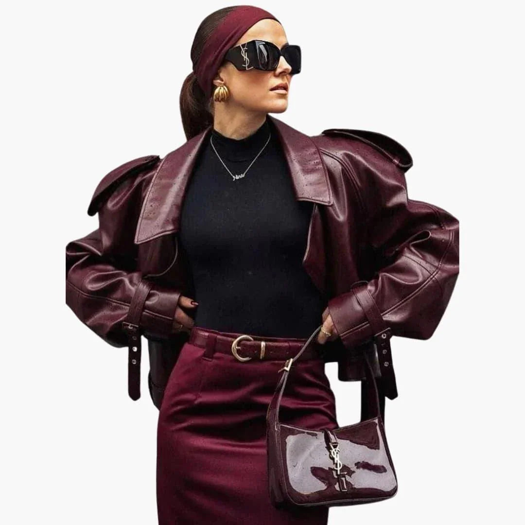 Elegant Brown Leather Jacket for Women with Notch Lapel Long Sleeve Cropped Belted Biker Style