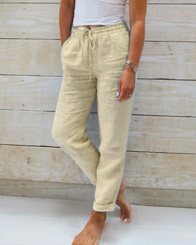 Effortless Linen Pants for Women with High Waist Drawstring Cuffed Hem Relaxed Casual Style