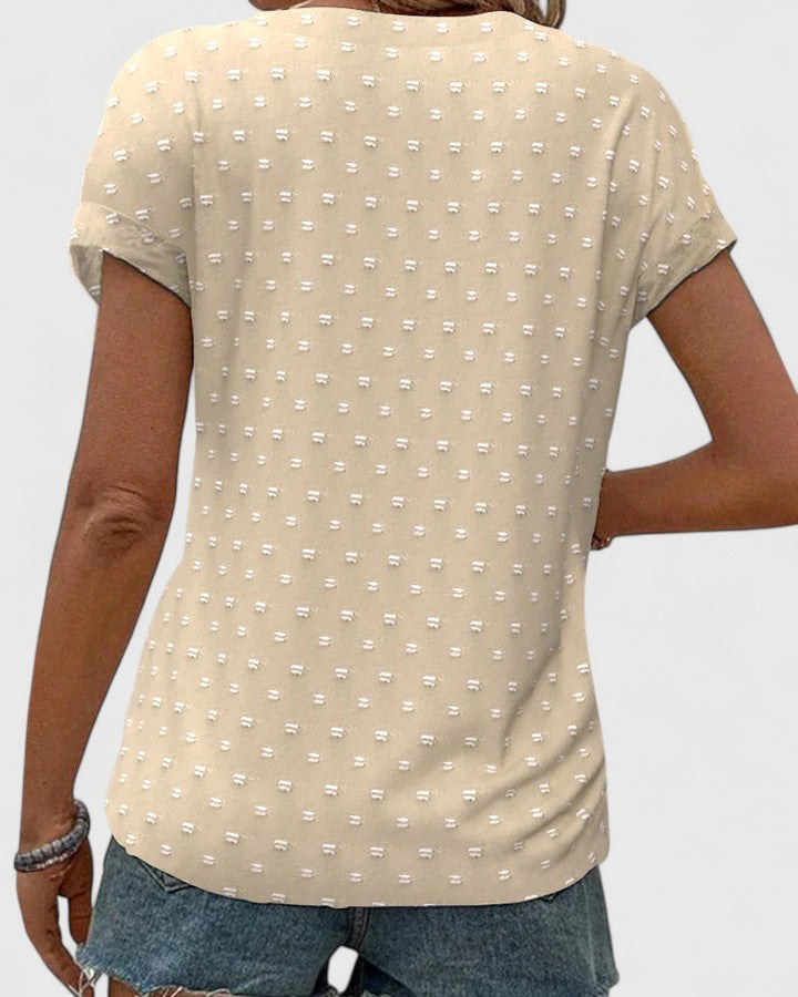 Effortless Beige Dot Print Shirt for Women with V Neck Short Sleeve Button Front Relaxed Casual Style