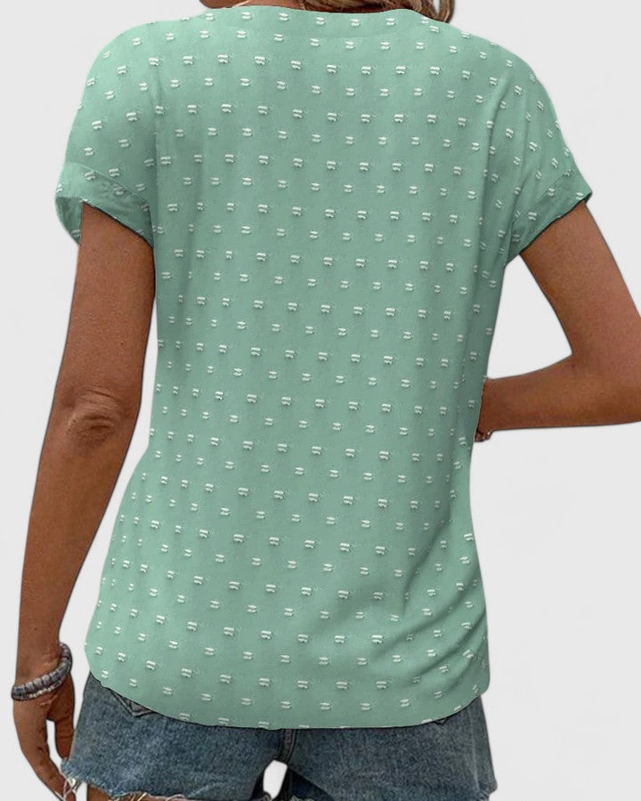 Effortless Beige Dot Print Shirt for Women with V Neck Short Sleeve Button Front Relaxed Casual Style