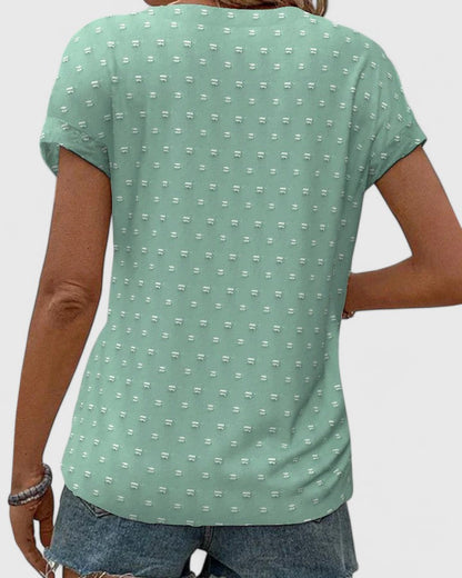 Effortless Beige Dot Print Shirt for Women with V Neck Short Sleeve Button Front Relaxed Casual Style