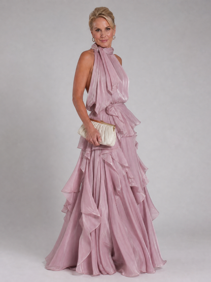 Elegant Maxi Dress for Women with Halter Neck Ruffle Tiered Skirt Satin Sleeveless Wedding Guest Style