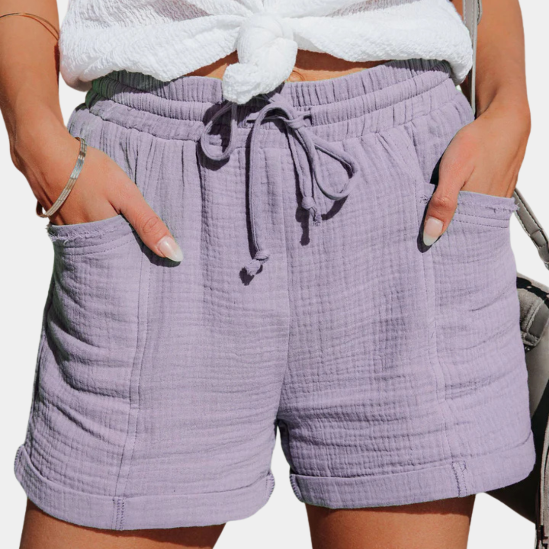 Effortless Khaki Cotton Gauze Shorts for Women with High Waist Drawstring Cuffed Relaxed Casual Style