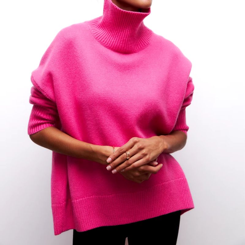Comfortable Knit Sweater for Women with Turtleneck Short Sleeve Oversized Poncho Style