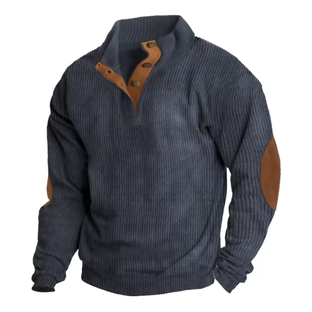 Cozy Ribbed Knit Button Sweater for Men with Stand Collar Long Sleeve Elbow Patch Pullover Style