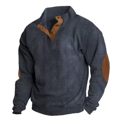 Cozy Ribbed Knit Button Sweater for Men with Stand Collar Long Sleeve Elbow Patch Pullover Style
