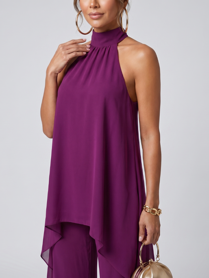 Elegant Magenta Halter Two Piece Set for Women with High Neck Chiffon Wide Leg Pant Formal Style