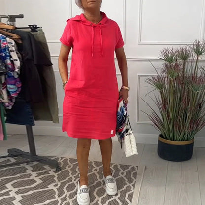 Comfortable Coral Hoodie Dress for Women with Drawstring Hood Short Sleeve Relaxed Shift Casual Style