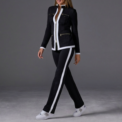 Stylish Two Piece Set for Women with Stand Collar Long Sleeve Zip Up Side Stripe Athleisure Style
