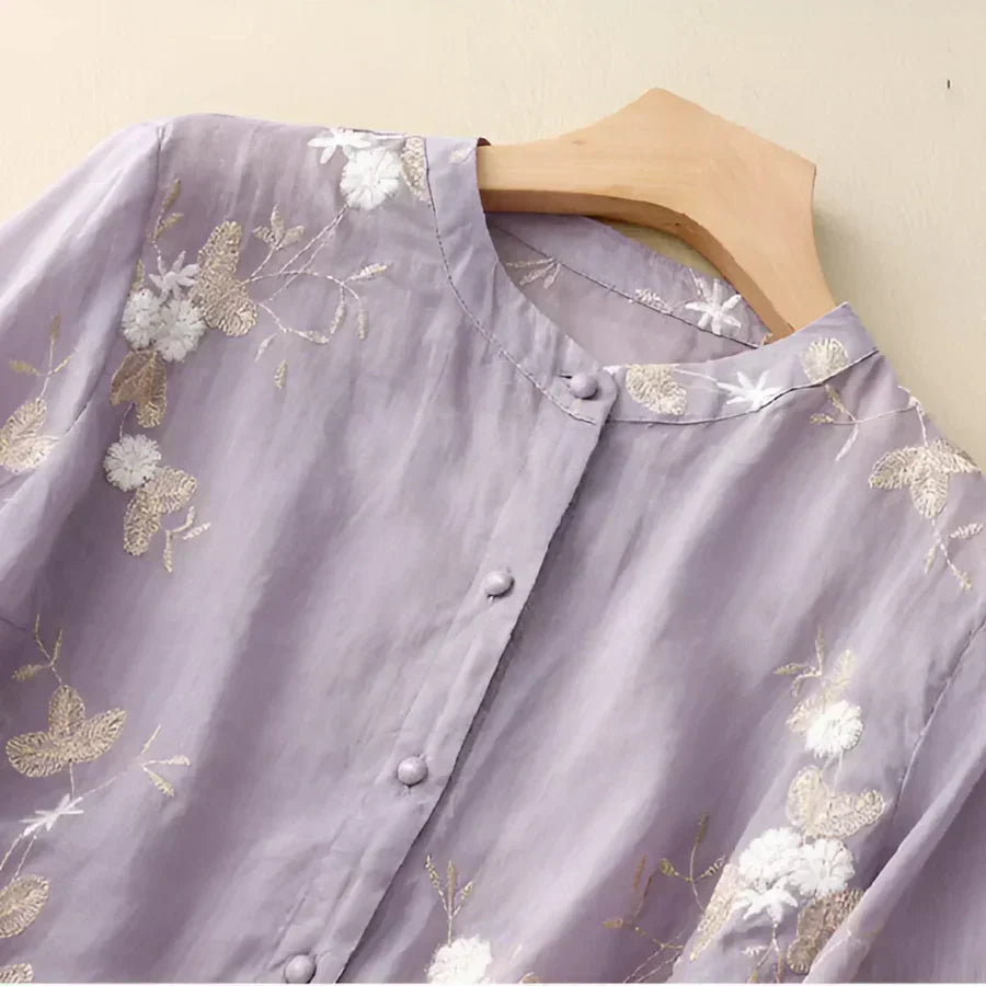 Elegant Floral Embroidered Blouse for Women with Stand Collar Elbow Sleeve Layered Ruffle Hem Style