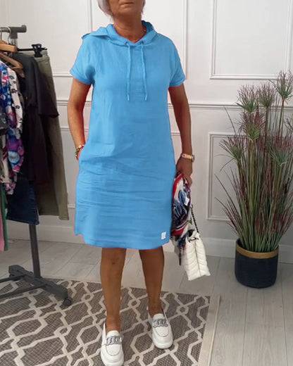 Comfortable Coral Hoodie Dress for Women with Drawstring Hood Short Sleeve Relaxed Shift Casual Style