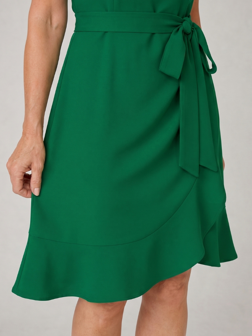 Elegant Green Mini Dress for Women with Square Neck Puff Sleeve Wrap Ruffle Hem Cocktail Style