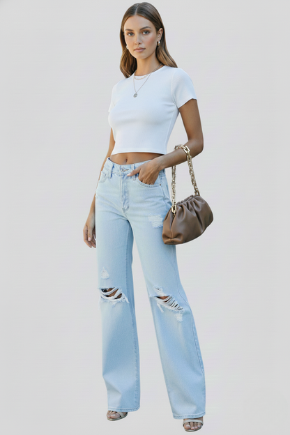 Effortless Relaxed Light Blue High Waisted Jeans for Women with Distressed Straight Style