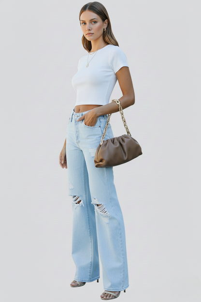 Effortless Relaxed Light Blue High Waisted Jeans for Women with Distressed Straight Style