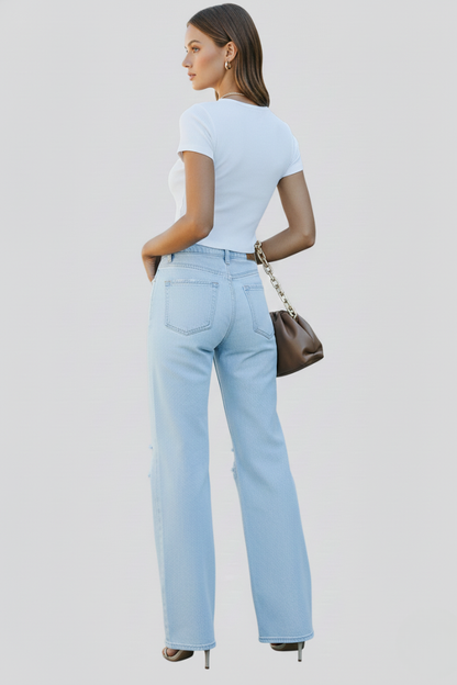 Effortless Relaxed Light Blue High Waisted Jeans for Women with Distressed Straight Style