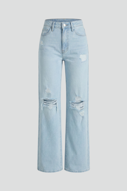 Effortless Relaxed Light Blue High Waisted Jeans for Women with Distressed Straight Style