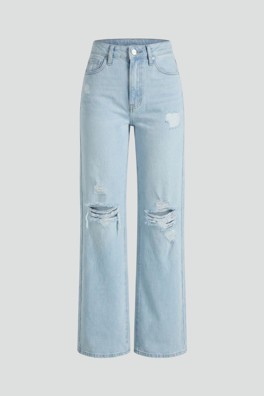 Effortless Relaxed Light Blue High Waisted Jeans for Women with Distressed Straight Style
