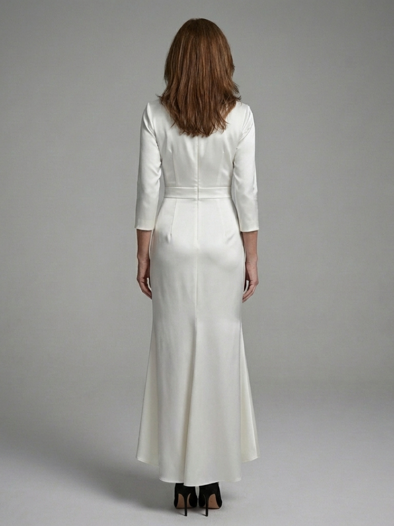 Elegant Ivory Satin Cocktail Dress for Women with V Neck Elbow Sleeve Wrap High Low Formal Style