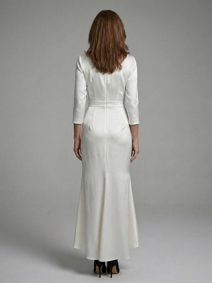 Elegant Ivory Satin Cocktail Dress for Women with V Neck Elbow Sleeve Wrap High Low Formal Style