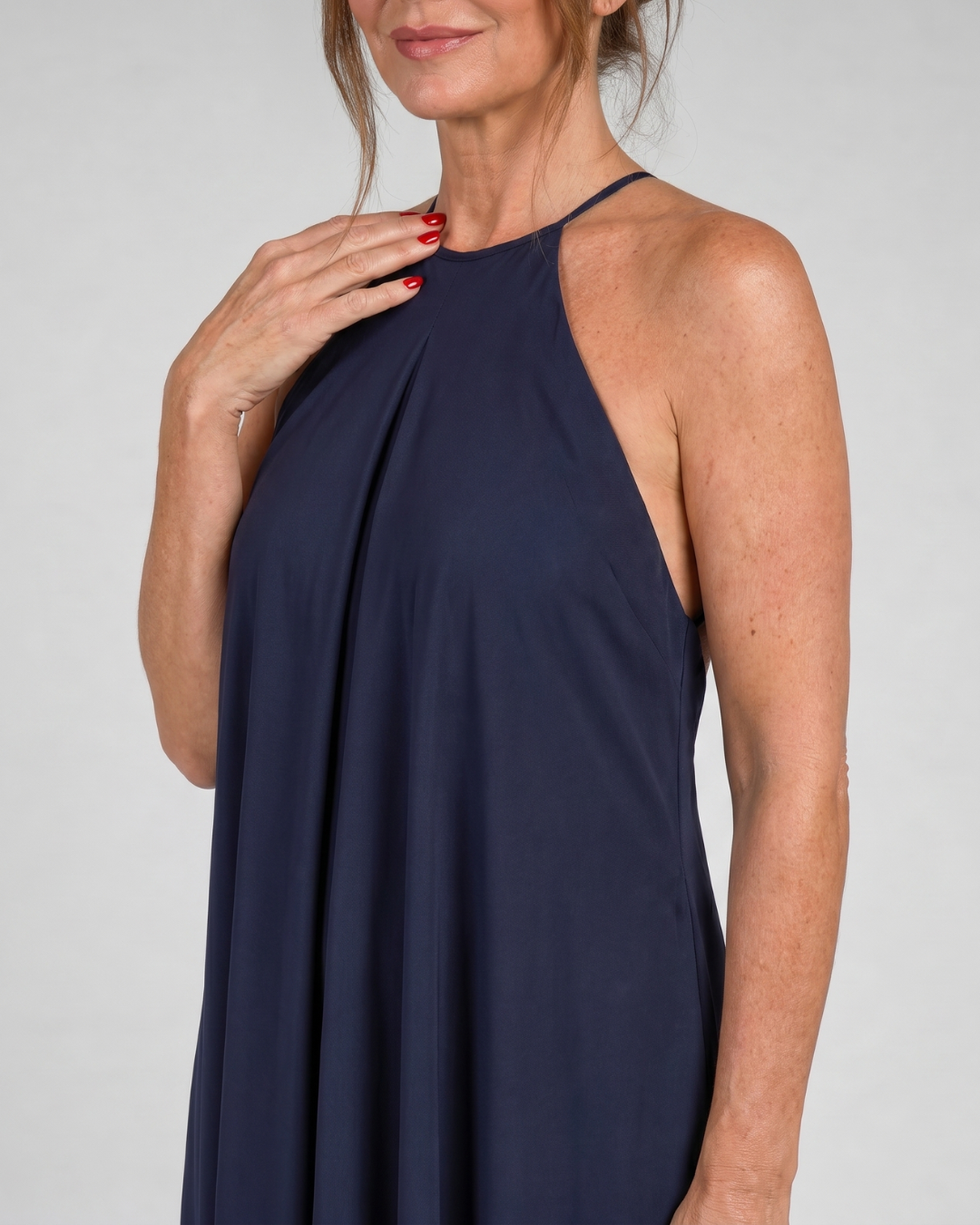 Elegant Navy Cocktail Dress for Women with High Neck Sleeveless Draped Open Back Style