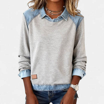 Effortless Denim Patchwork Sweatshirt for Women with Collared Raglan Long Sleeve Relaxed Casual Style
